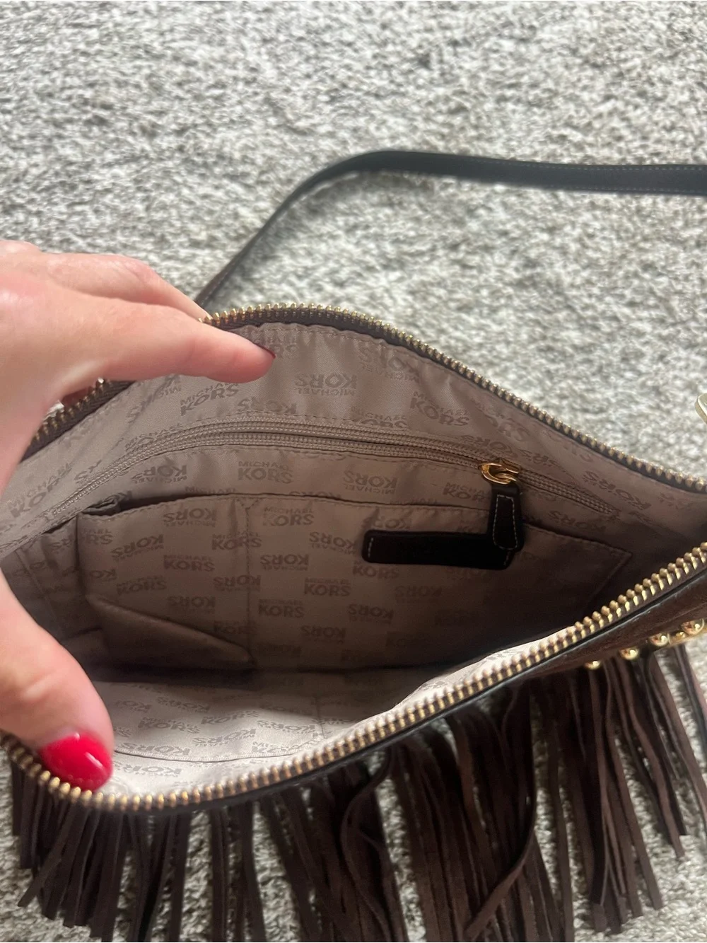 Michael Kors Dark Brown Suede Fringe Shoulder Bag with Gold MK Charm
